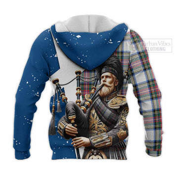 Dennistoun Tartan Knitted Hoodie with Family Crest Scottish Bagpiper Vibes