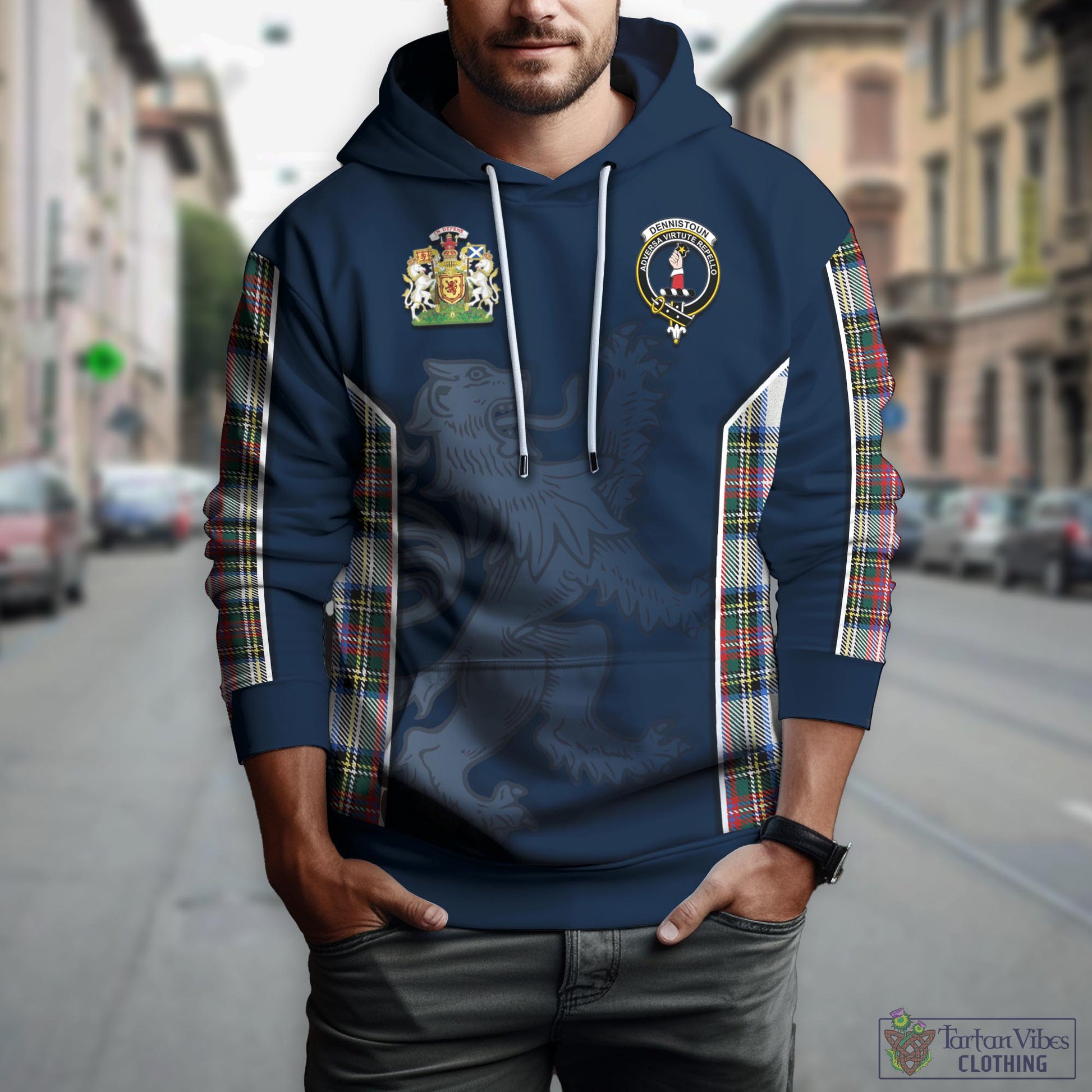 Tartan Vibes Clothing Dennistoun Tartan Hoodie with Family Crest and Lion Rampant Vibes Sport Style