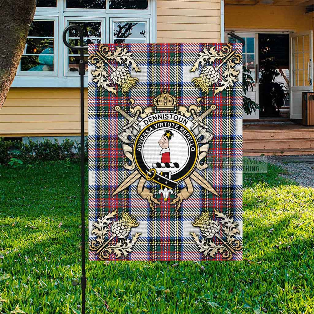 Tartan Vibes Clothing Dennistoun Tartan Flag with Family Crest and Golden Thistle Crossed Sword Design