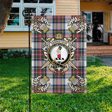 Dennistoun Tartan Flag with Family Crest and Golden Thistle Crossed Sword Design