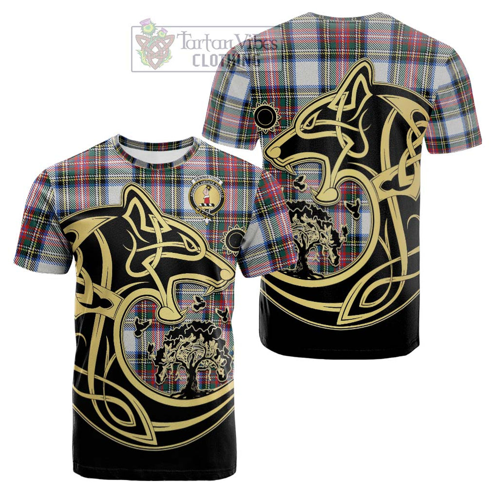 Tartan Vibes Clothing Dennistoun Tartan Cotton T-shirt with Family Crest Celtic Wolf Style