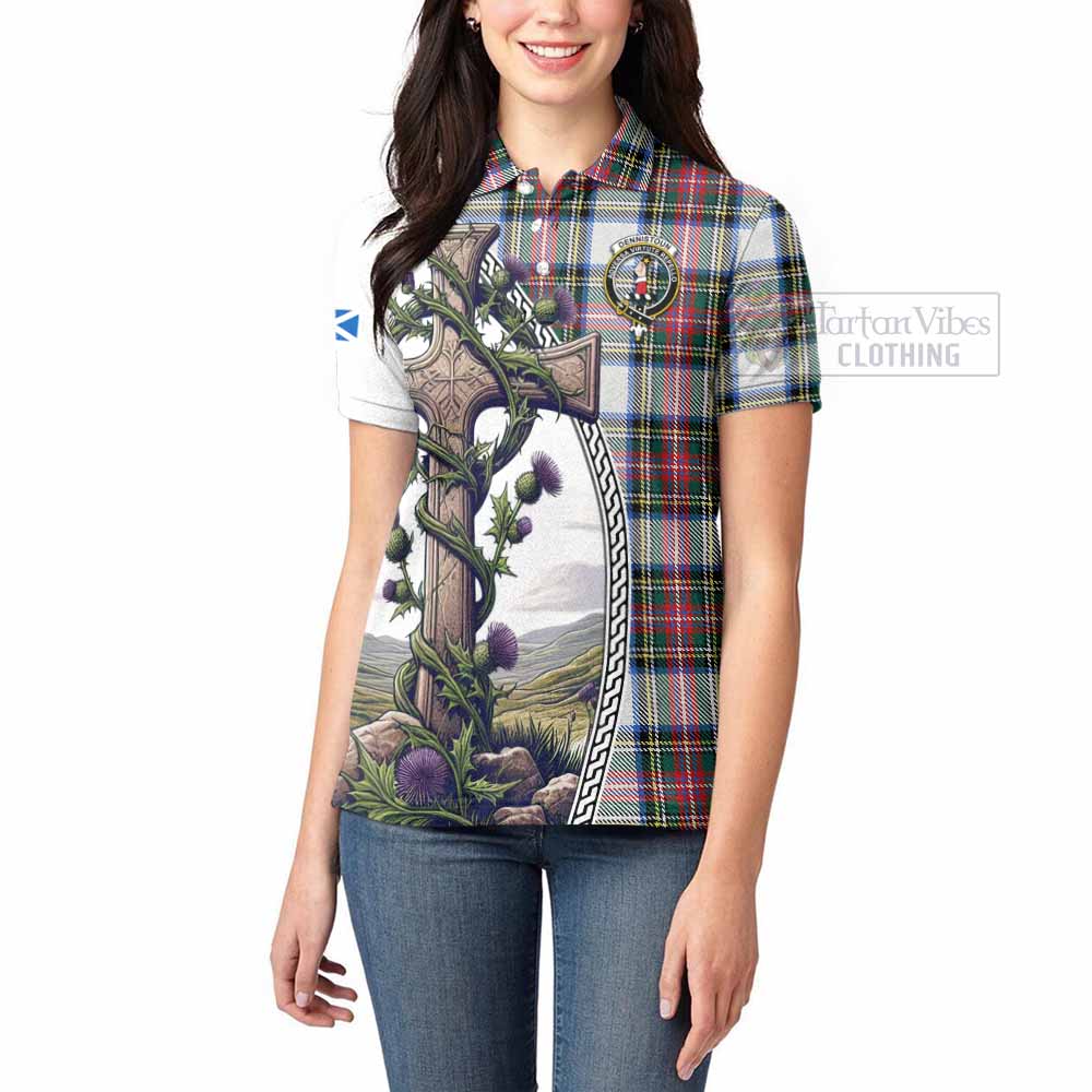 Tartan Vibes Clothing Dennistoun Tartan Women's Polo Shirt with Family Crest and St. Andrew's Cross Accented by Thistle Vines