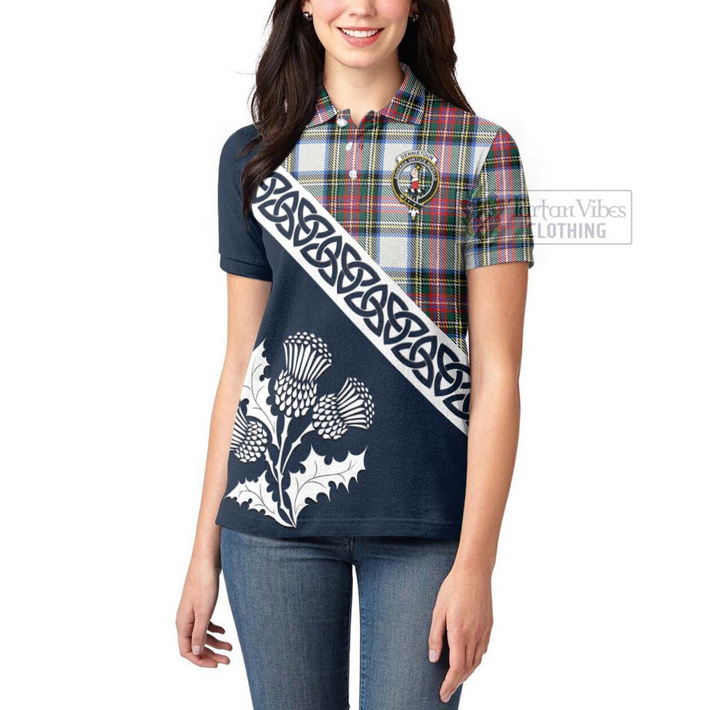 Tartan Vibes Clothing Dennistoun Tartan Women's Polo Shirt Featuring Thistle and Scotland Map