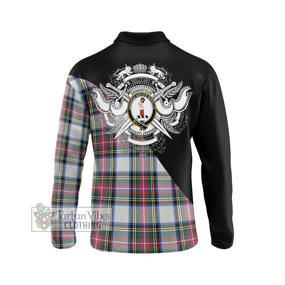 Dennistoun Tartan Long Sleeve Polo Shirt with Family Crest and Military Logo Style - Tartanvibesclothing Shop