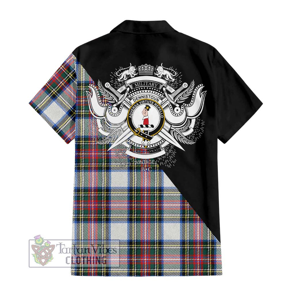 Dennistoun Tartan Short Sleeve Button Shirt with Family Crest and Military Logo Style - Tartanvibesclothing Shop