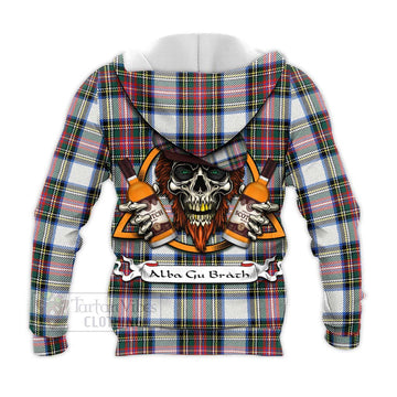 Dennistoun Tartan Knitted Hoodie with Family Crest and Bearded Skull Holding Bottles of Whiskey