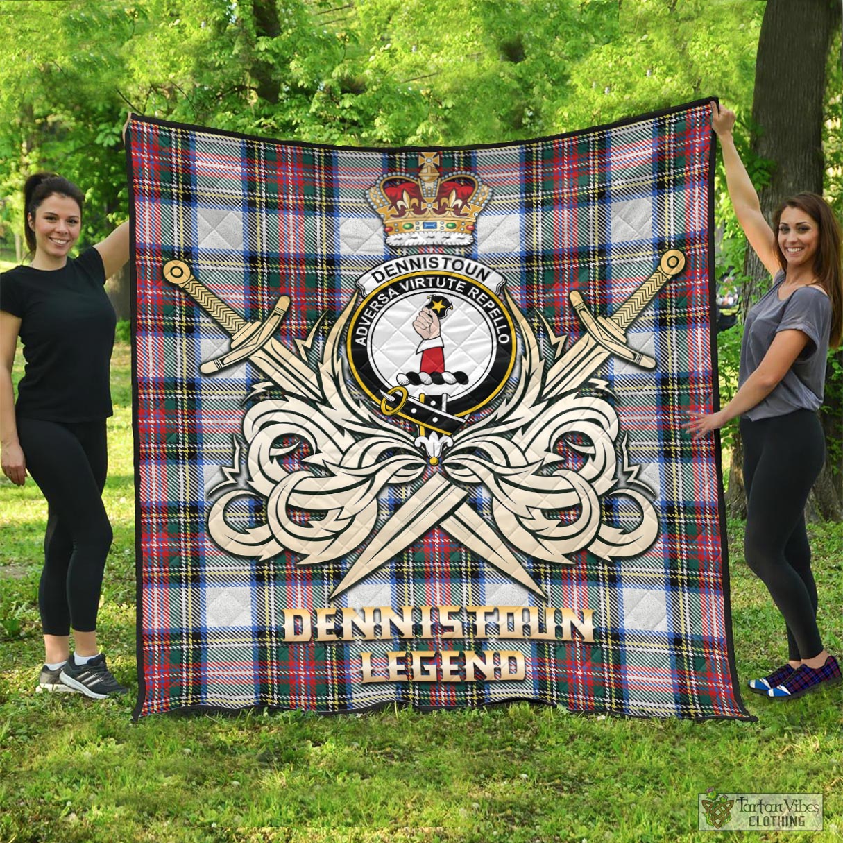 Tartan Vibes Clothing Dennistoun Tartan Quilt with Clan Crest and the Golden Sword of Courageous Legacy