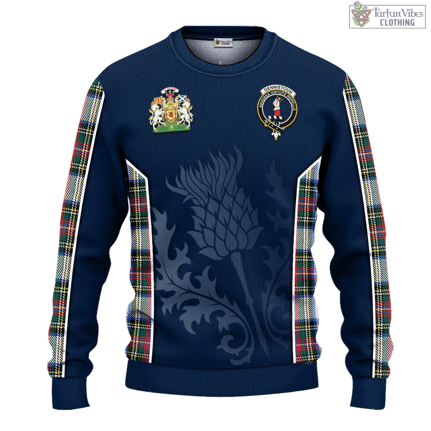 Tartan Vibes Clothing Dennistoun Tartan Knitted Sweatshirt with Family Crest and Scottish Thistle Vibes Sport Style