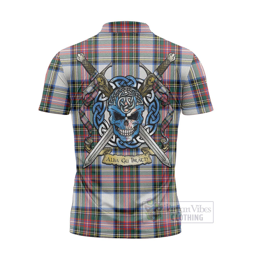 Tartan Vibes Clothing Dennistoun Tartan Zipper Polo Shirt with Family Crest Celtic Skull Style