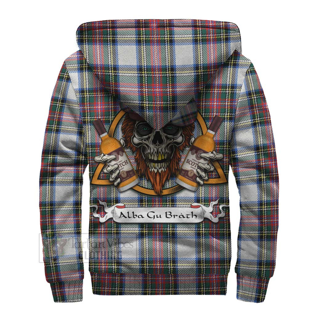 Tartan Vibes Clothing Dennistoun Tartan Sherpa Hoodie with Family Crest and Bearded Skull Holding Bottles of Whiskey