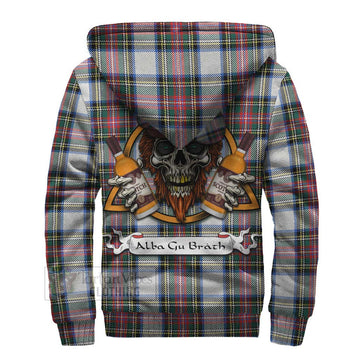 Dennistoun Tartan Sherpa Hoodie with Family Crest and Bearded Skull Holding Bottles of Whiskey