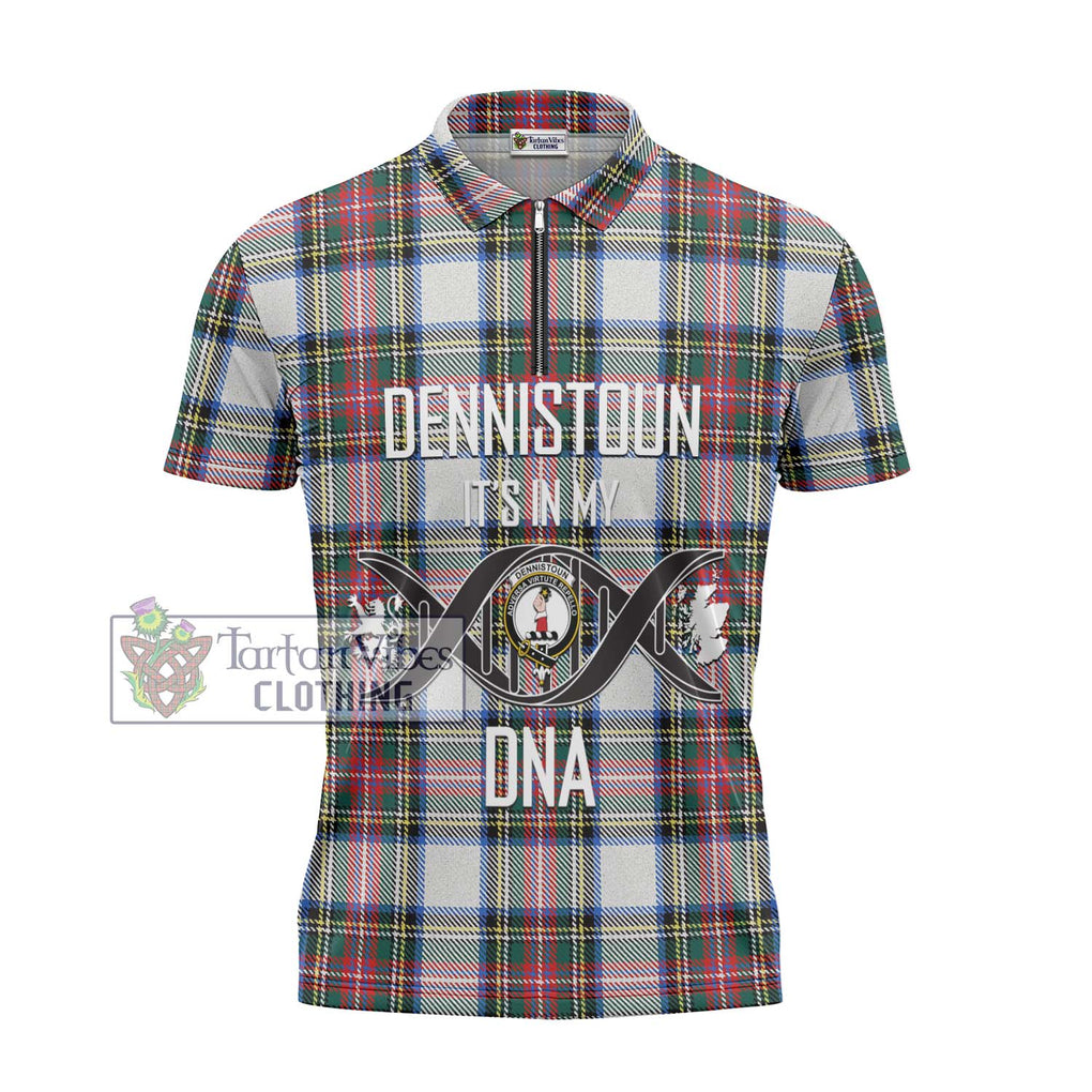 Dennistoun Tartan Zipper Polo Shirt with Family Crest DNA In Me Style - Tartanvibesclothing Shop