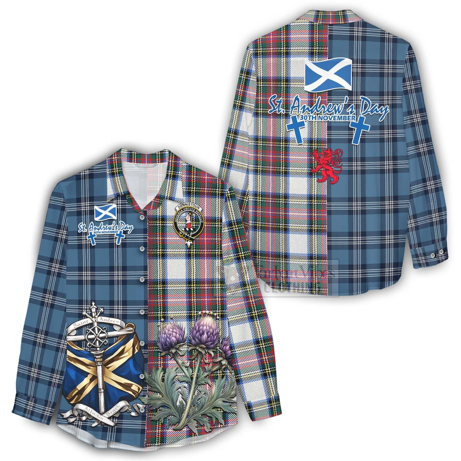 Tartan Vibes Clothing Dennistoun Tartan Women's Casual Shirt Happy St. Andrew's Day Half Tartan Style