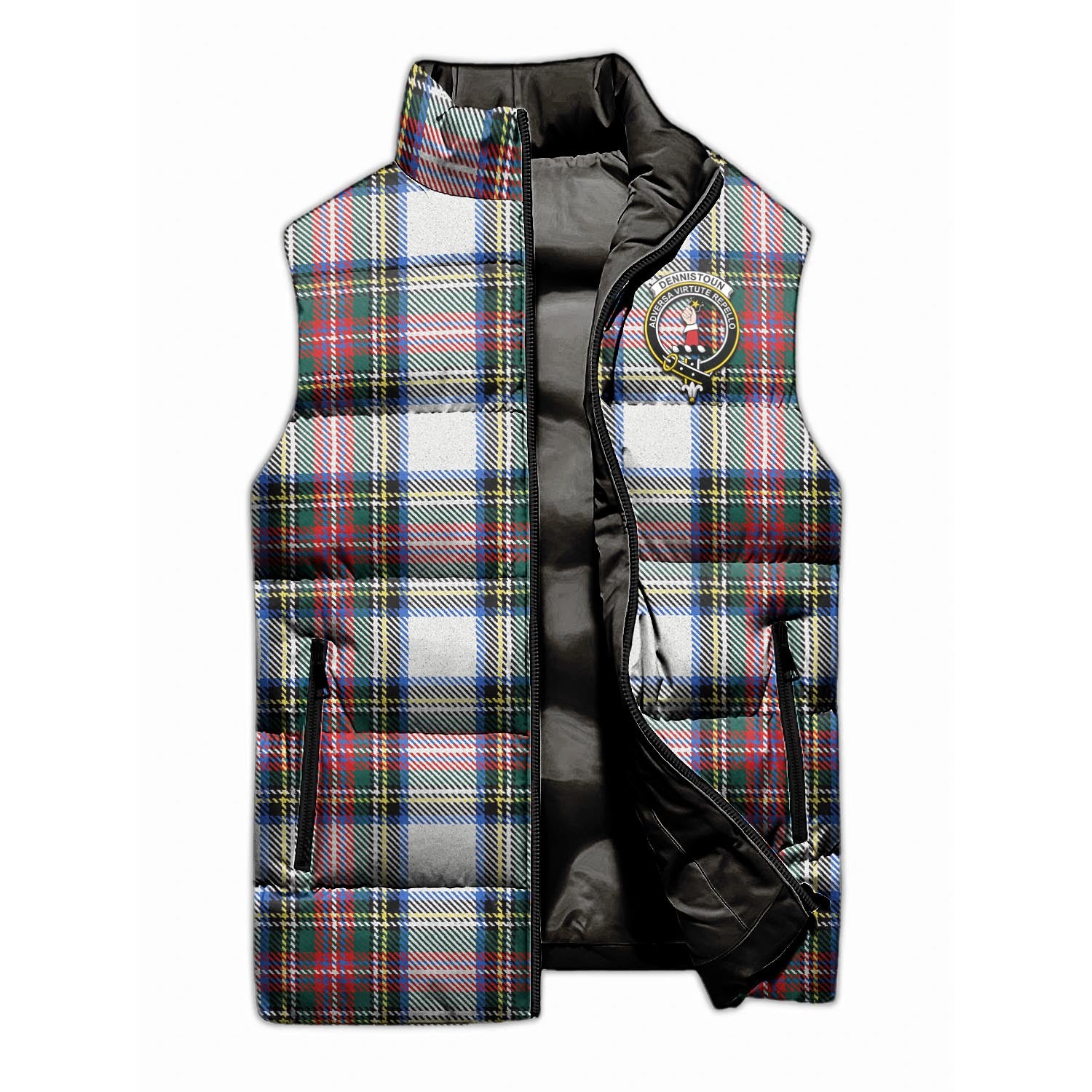 Dennistoun Tartan Sleeveless Puffer Jacket with Family Crest - Tartanvibesclothing