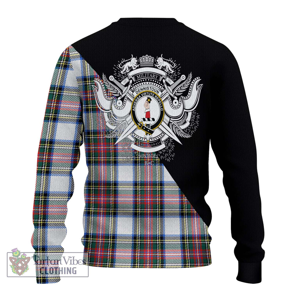 Dennistoun Tartan Knitted Sweater with Family Crest and Military Logo Style - Tartanvibesclothing Shop