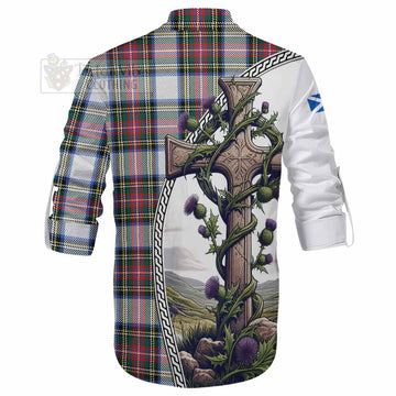 Dennistoun Tartan Ghillie Kilt Shirt with Family Crest and St. Andrew's Cross Accented by Thistle Vines - Tartan Vibes Clothing
