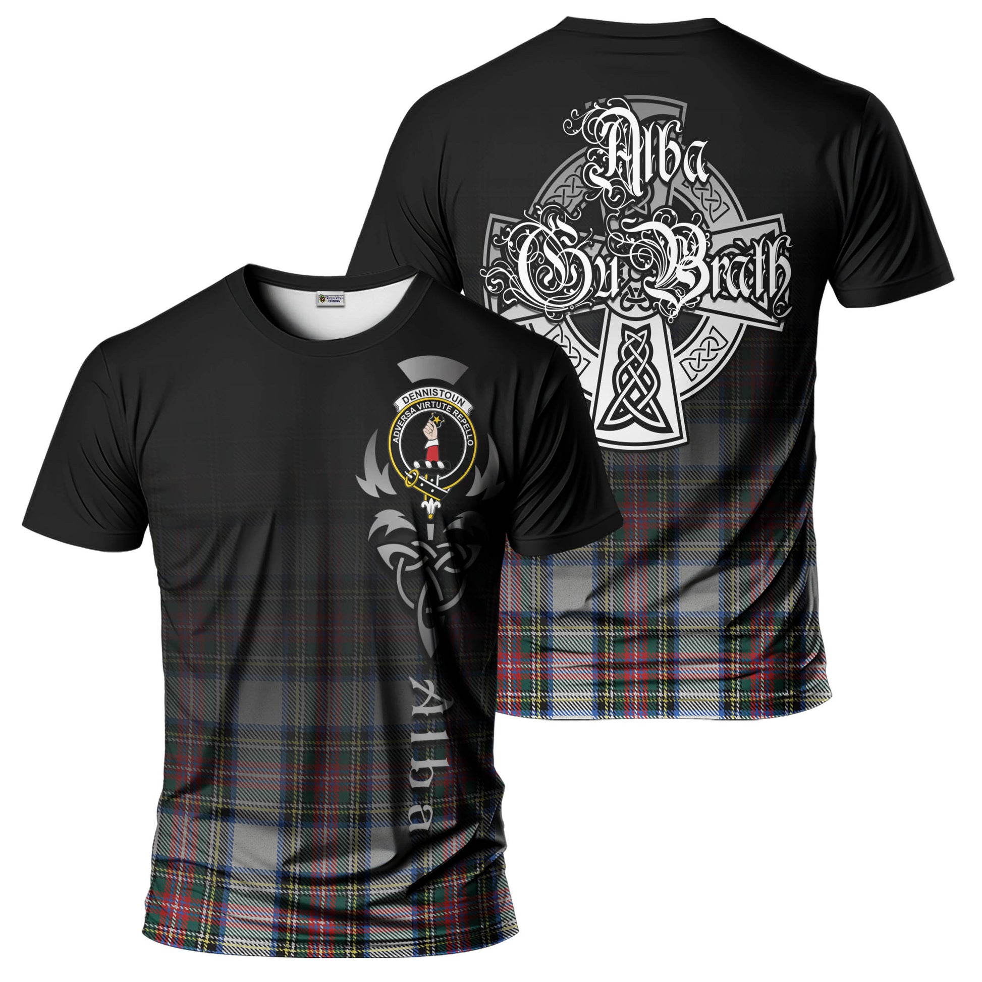 Tartan Vibes Clothing Dennistoun Tartan T-Shirt Featuring Alba Gu Brath Family Crest Celtic Inspired