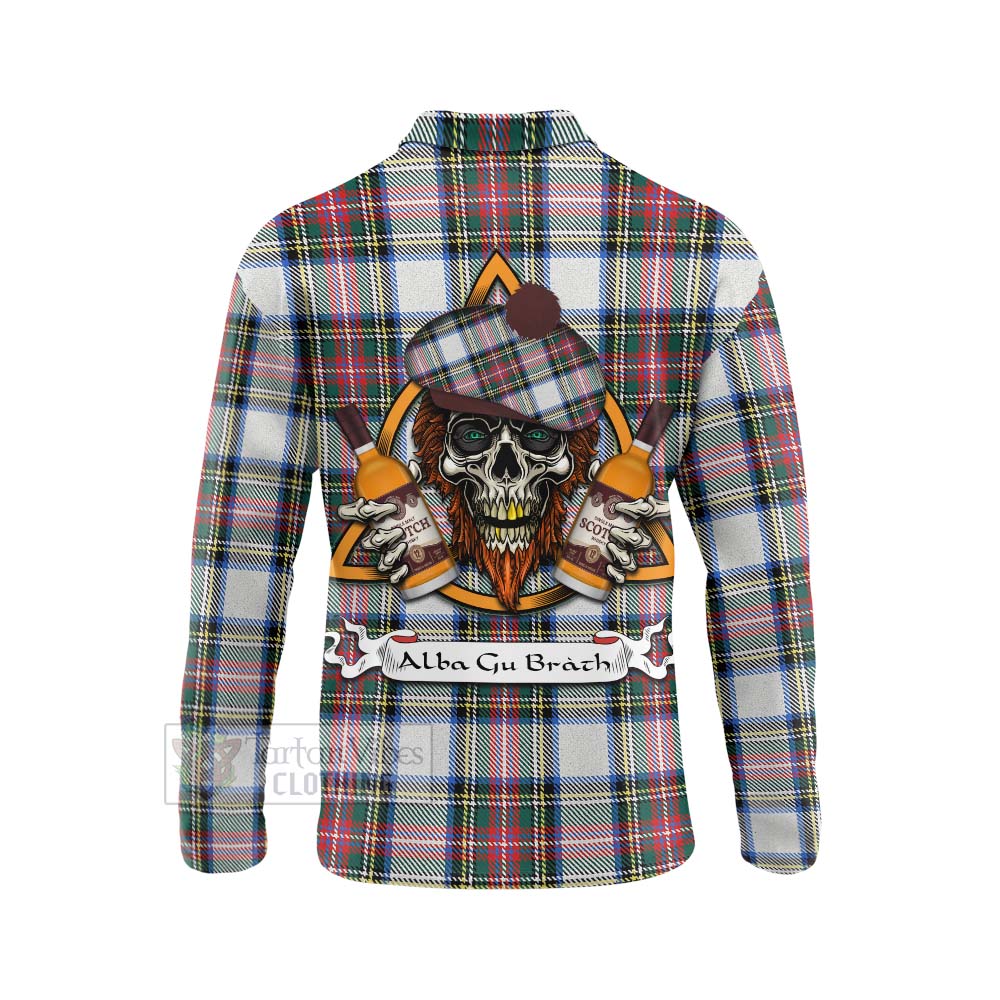 Tartan Vibes Clothing Dennistoun Tartan Long Sleeve Polo Shirt with Family Crest and Bearded Skull Holding Bottles of Whiskey