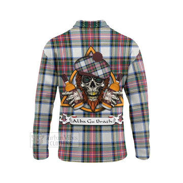 Dennistoun Tartan Long Sleeve Polo Shirt with Family Crest and Bearded Skull Holding Bottles of Whiskey