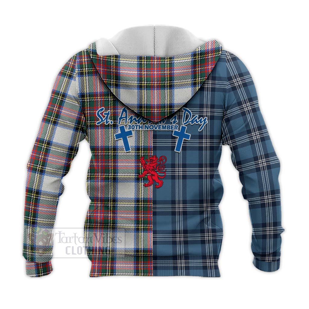 Tartan Vibes Clothing Dennistoun Tartan Knitted Hoodie Happy St. Andrew's Day Half Tartan Style