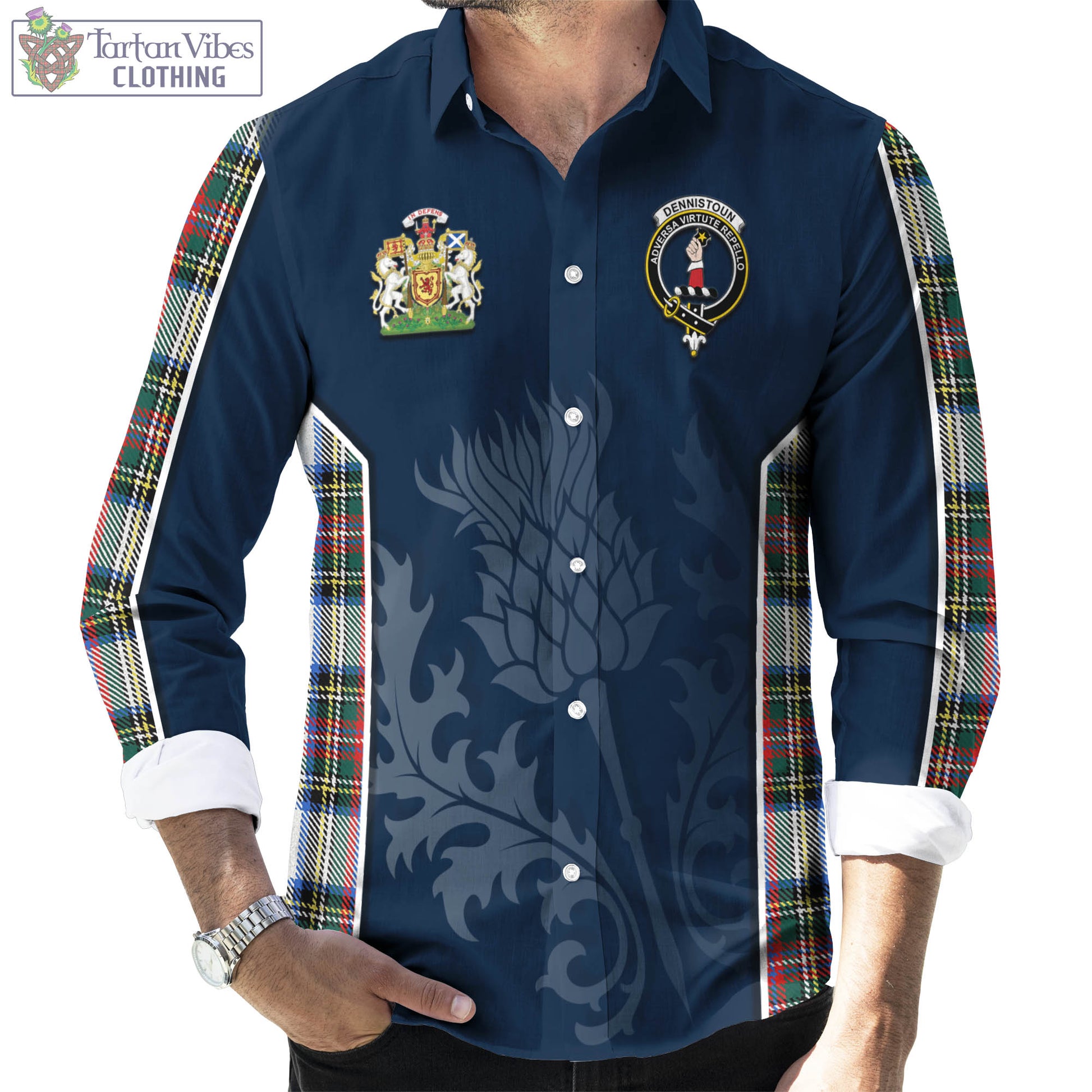 Tartan Vibes Clothing Dennistoun Tartan Long Sleeve Button Up Shirt with Family Crest and Scottish Thistle Vibes Sport Style