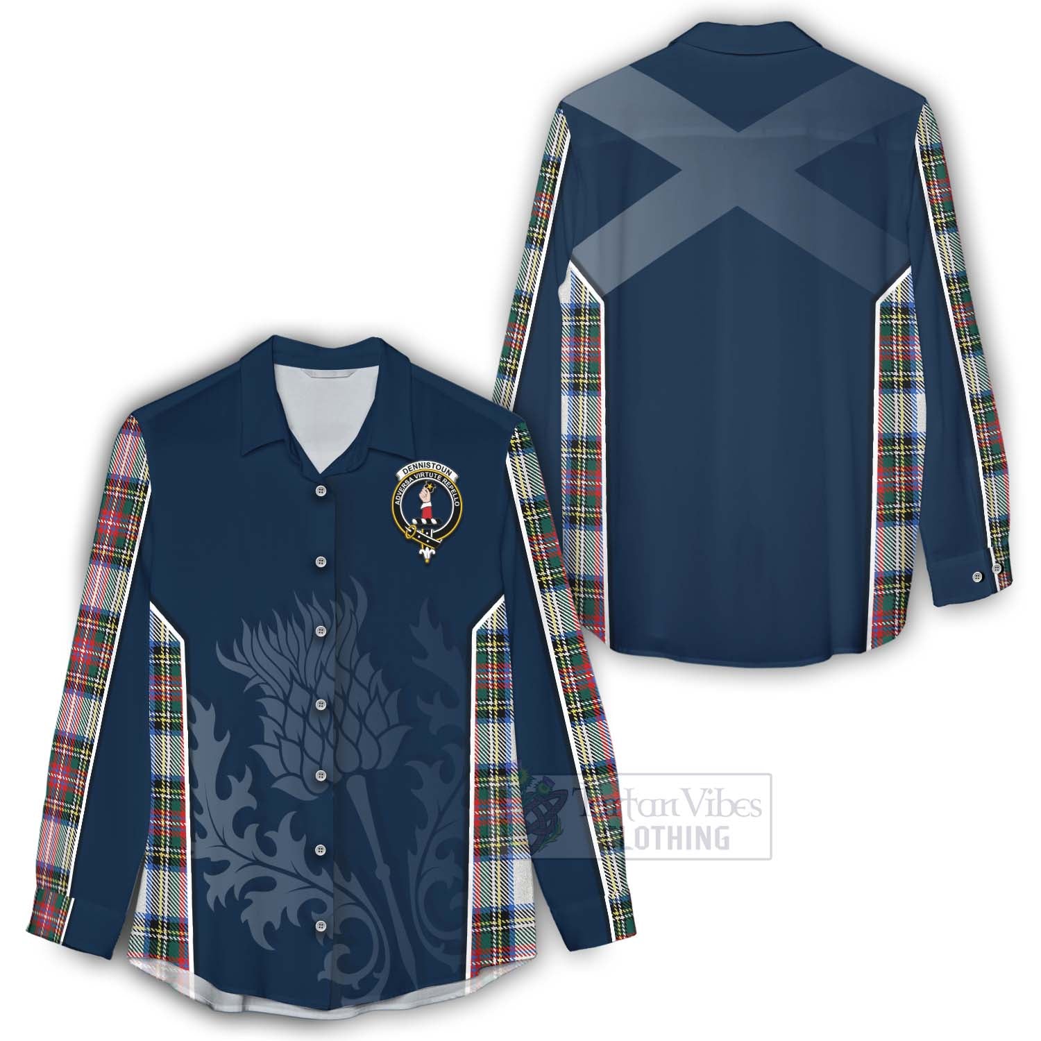 Tartan Vibes Clothing Dennistoun Tartan Women's Casual Shirt with Family Crest and Scottish Thistle Vibes Sport Style