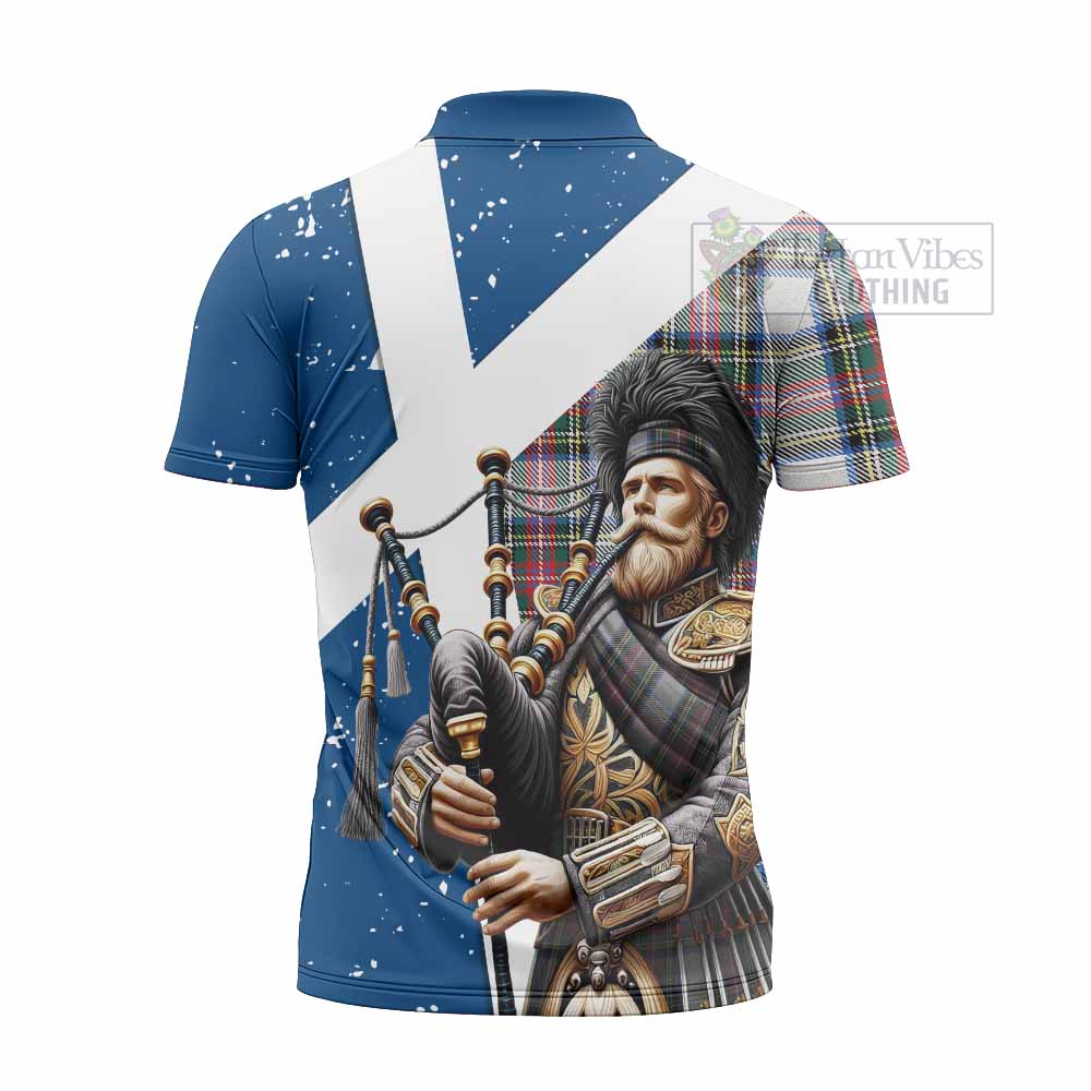 Tartan Vibes Clothing Dennistoun Tartan Zipper Polo Shirt with Family Crest Scottish Bagpiper Vibes