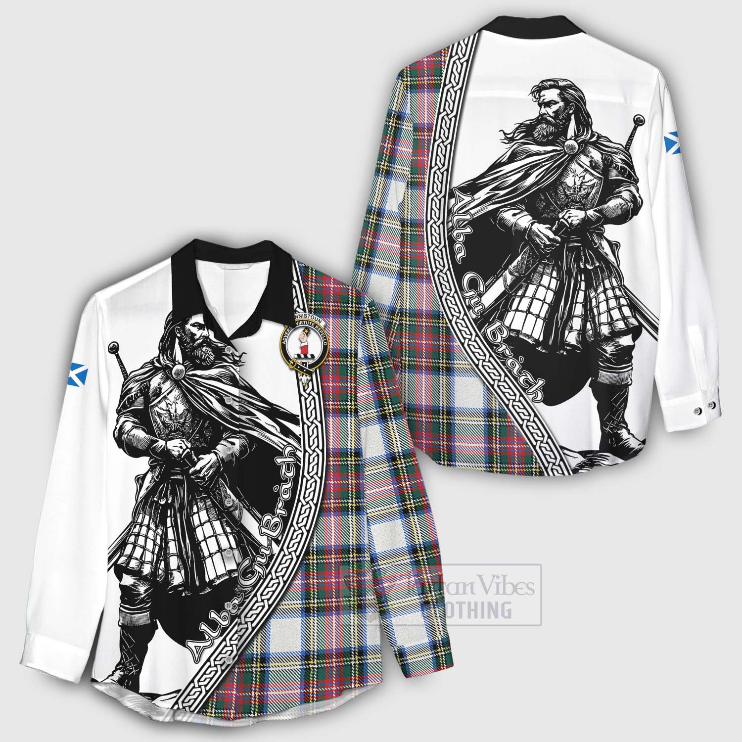 Tartan Vibes Clothing Dennistoun Tartan Clan Crest Women's Casual Shirt with Highlander Warrior Celtic Style