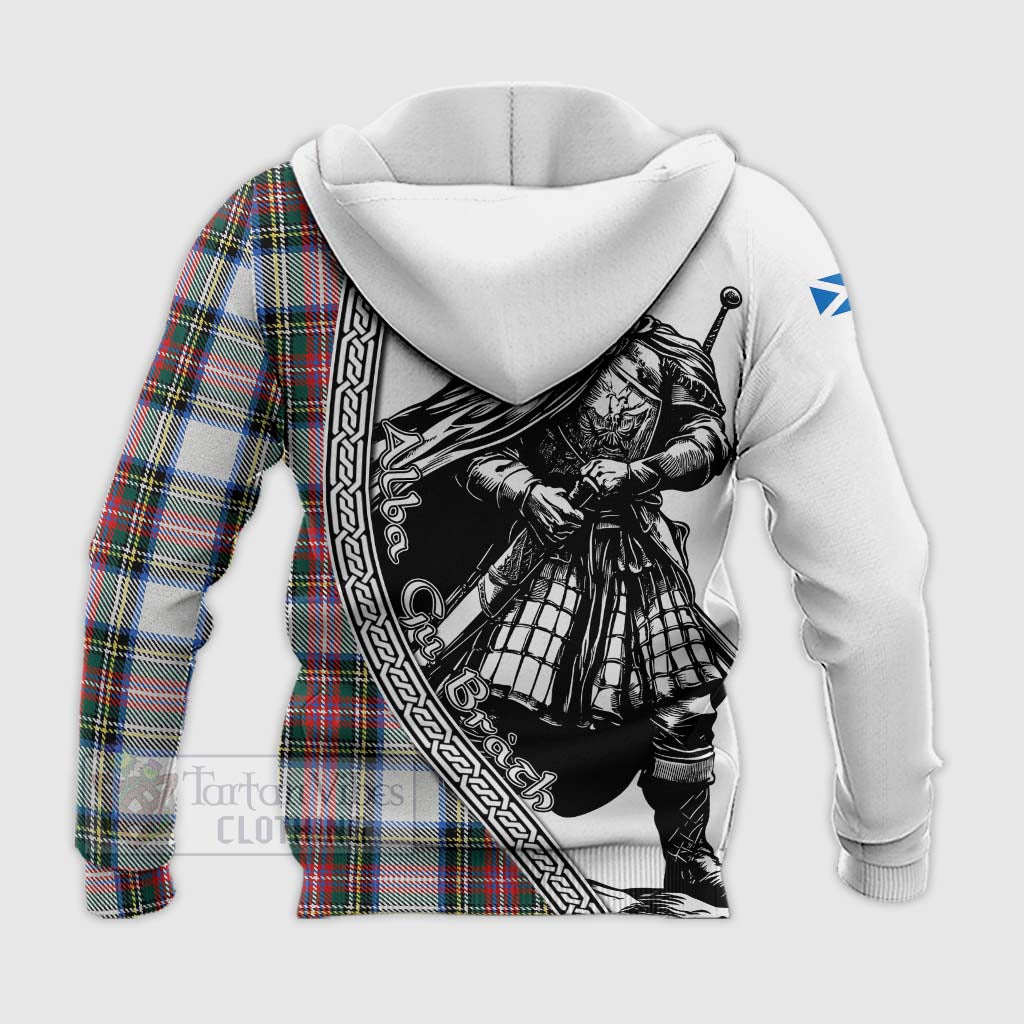 Tartan Vibes Clothing Dennistoun Tartan Clan Crest Knitted Hoodie with Highlander Warrior Celtic Style