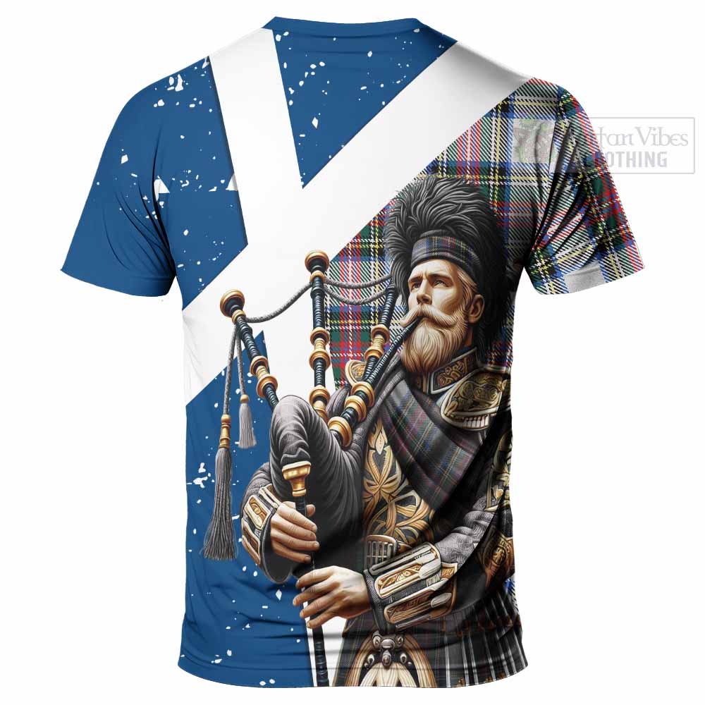 Tartan Vibes Clothing Dennistoun Tartan T-Shirt with Family Crest Scottish Bagpiper Vibes