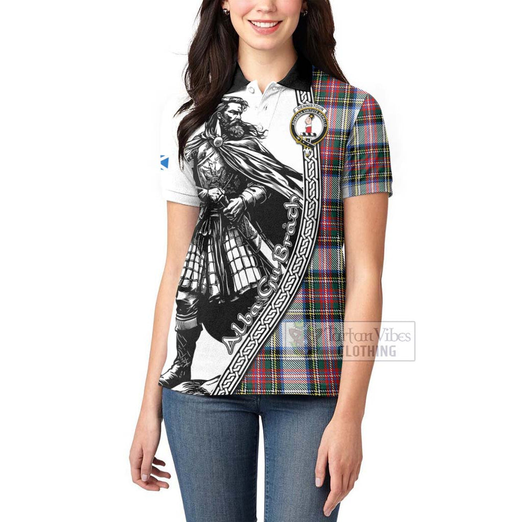 Tartan Vibes Clothing Dennistoun Tartan Clan Crest Women's Polo Shirt with Highlander Warrior Celtic Style