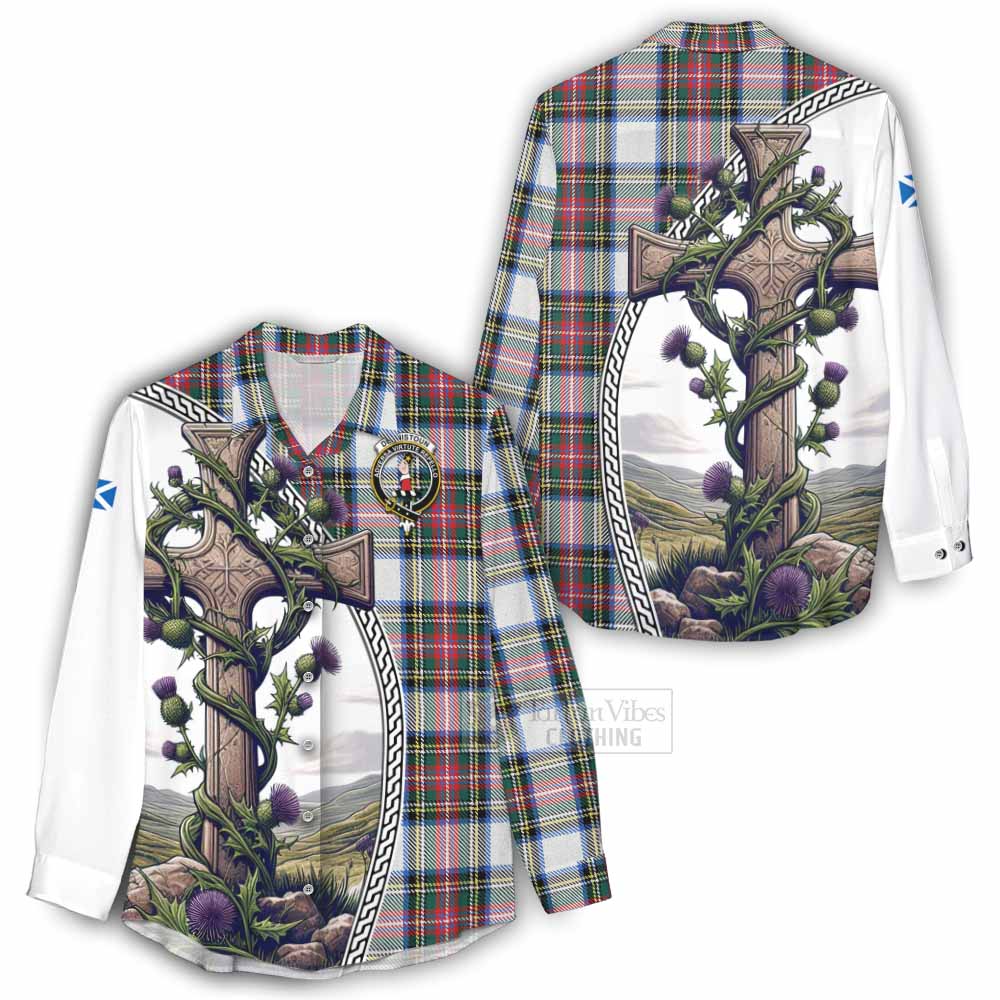 Tartan Vibes Clothing Dennistoun Tartan Women's Casual Shirt with Family Crest and St. Andrew's Cross Accented by Thistle Vines