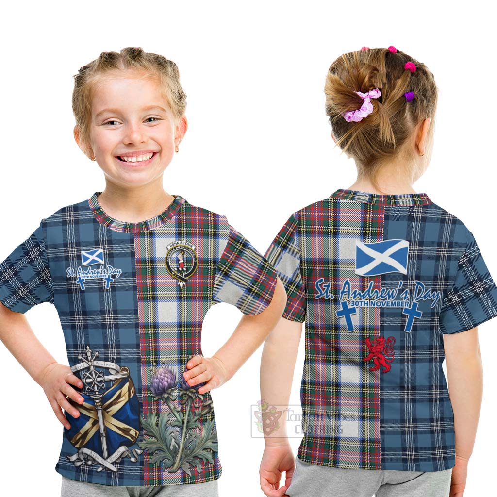 Tartan Vibes Clothing Dennistoun Tartan Kid T-Shirt Happy St. Andrew's Day Half Tartan Style