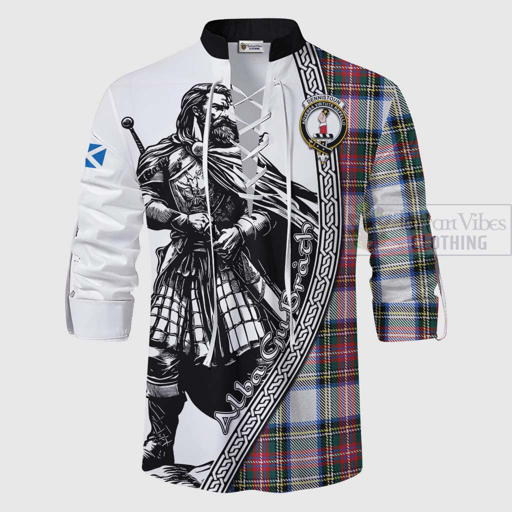 Tartan Vibes Clothing Dennistoun Tartan Clan Crest Ghillie Kilt Shirt with Highlander Warrior Celtic Style