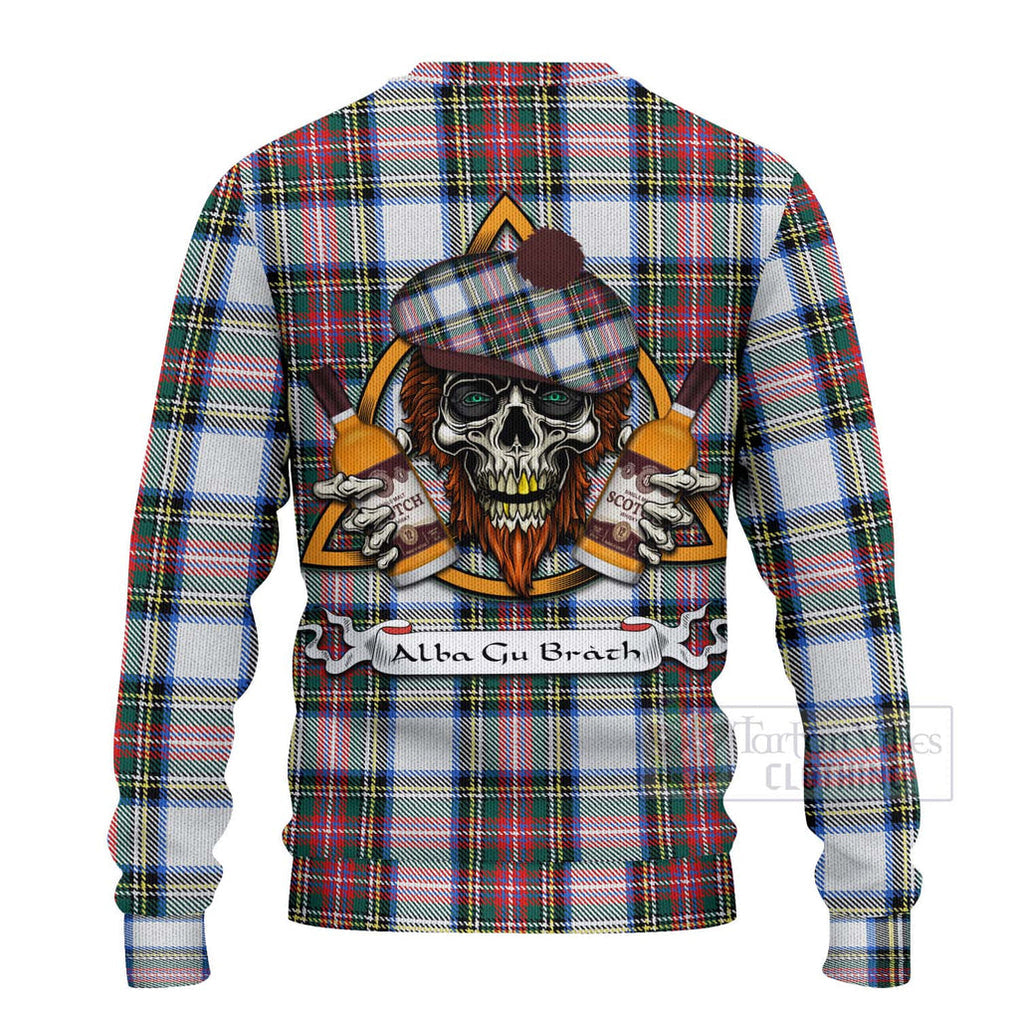 Tartan Vibes Clothing Dennistoun Tartan Knitted Sweater with Family Crest and Bearded Skull Holding Bottles of Whiskey