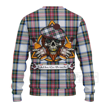 Dennistoun Tartan Ugly Sweater with Family Crest and Bearded Skull Holding Bottles of Whiskey