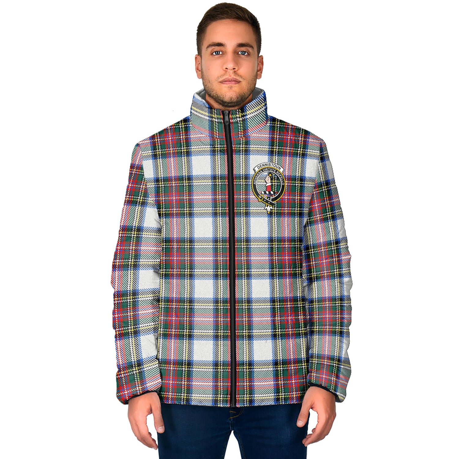 Dennistoun Tartan Padded Jacket with Family Crest - Tartanvibesclothing