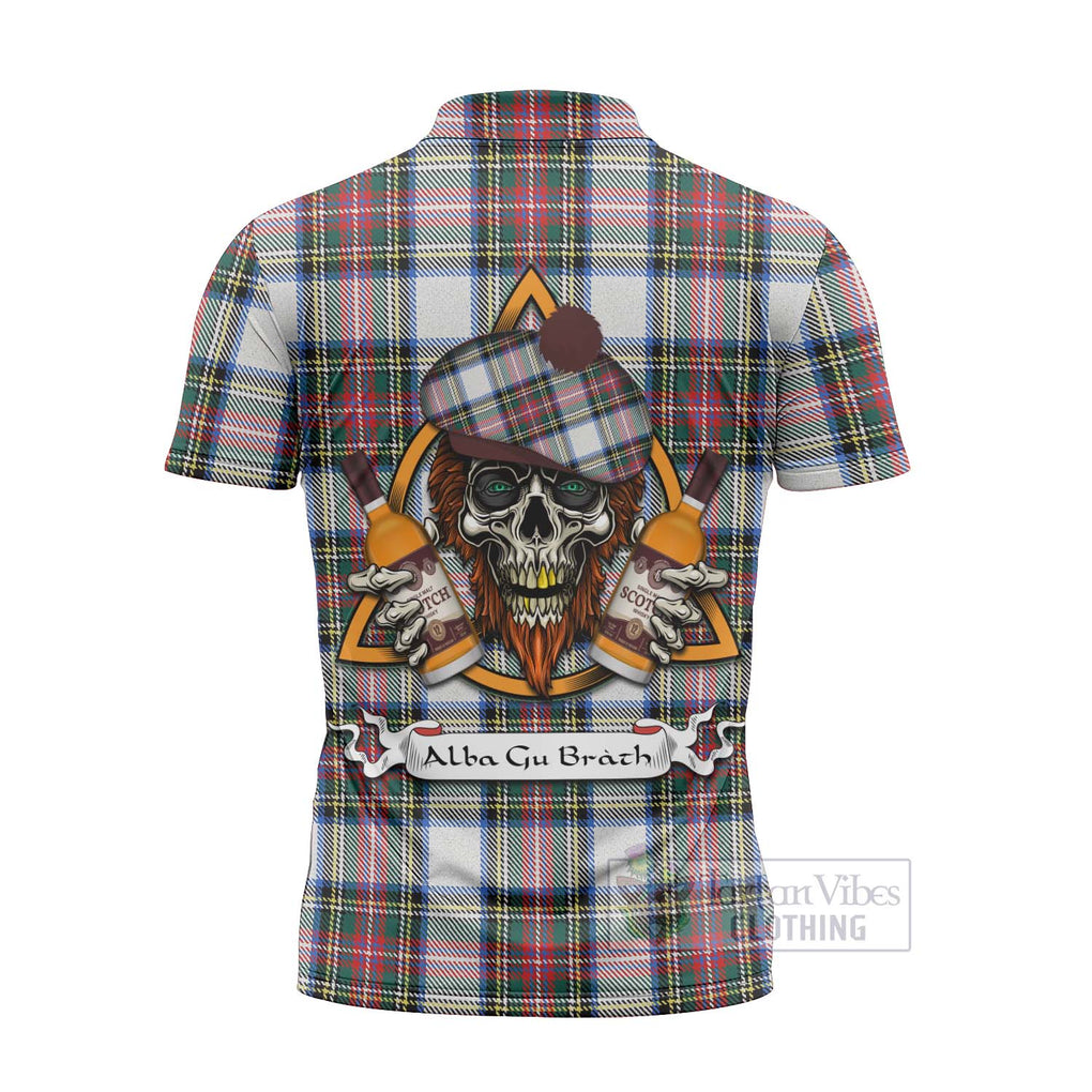 Tartan Vibes Clothing Dennistoun Tartan Zipper Polo Shirt with Family Crest and Bearded Skull Holding Bottles of Whiskey