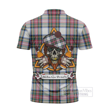 Dennistoun Tartan Zipper Polo Shirt with Family Crest and Bearded Skull Holding Bottles of Whiskey