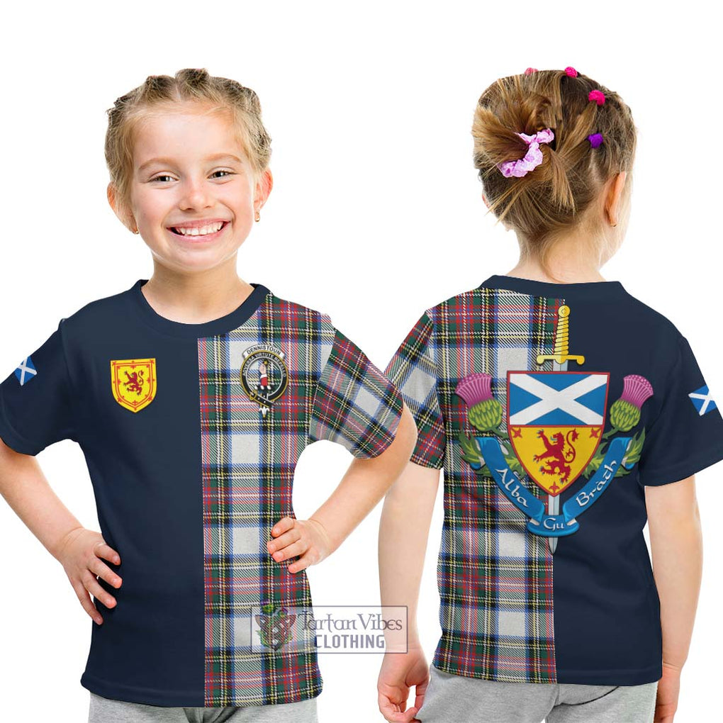 Tartan Vibes Clothing Dennistoun Tartan Kid T-Shirt with Scottish Lion Royal Arm Half Style