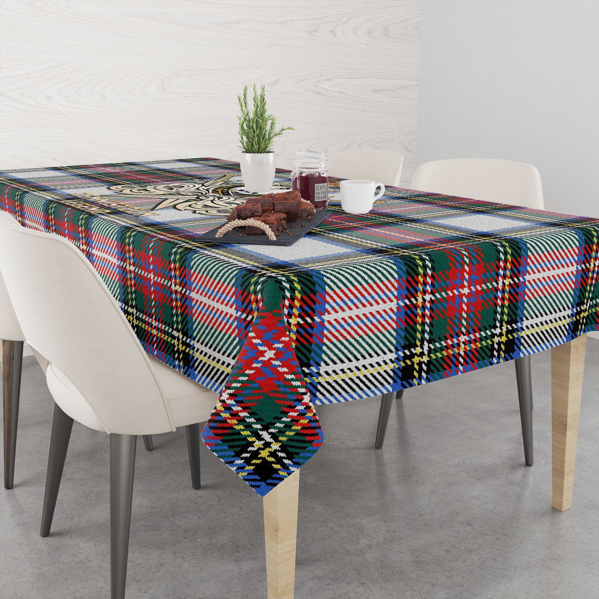 Tartan Vibes Clothing Dennistoun Tartan Tablecloth with Clan Crest and the Golden Sword of Courageous Legacy