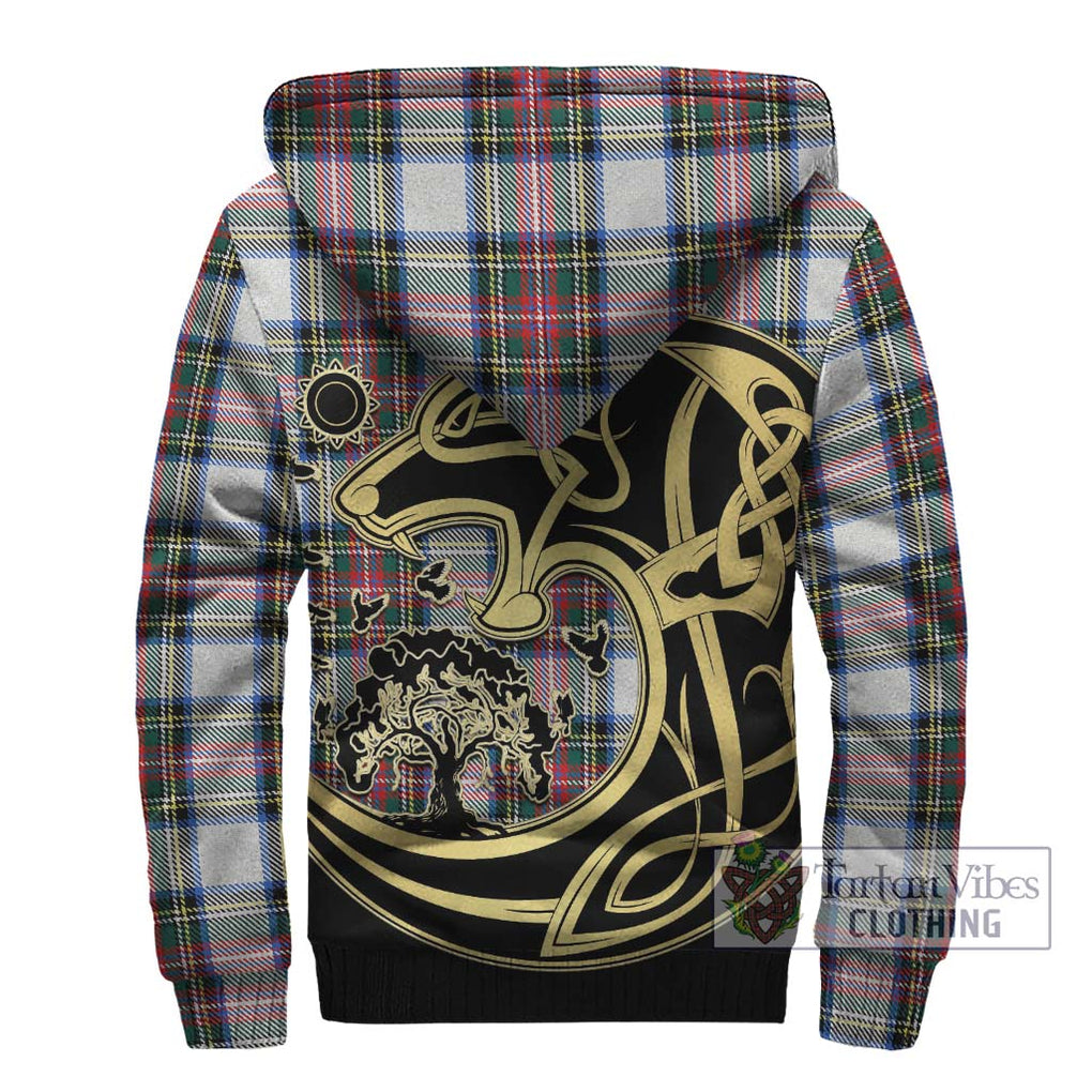 Dennistoun Tartan Sherpa Hoodie with Family Crest Celtic Wolf Style - Tartan Vibes Clothing