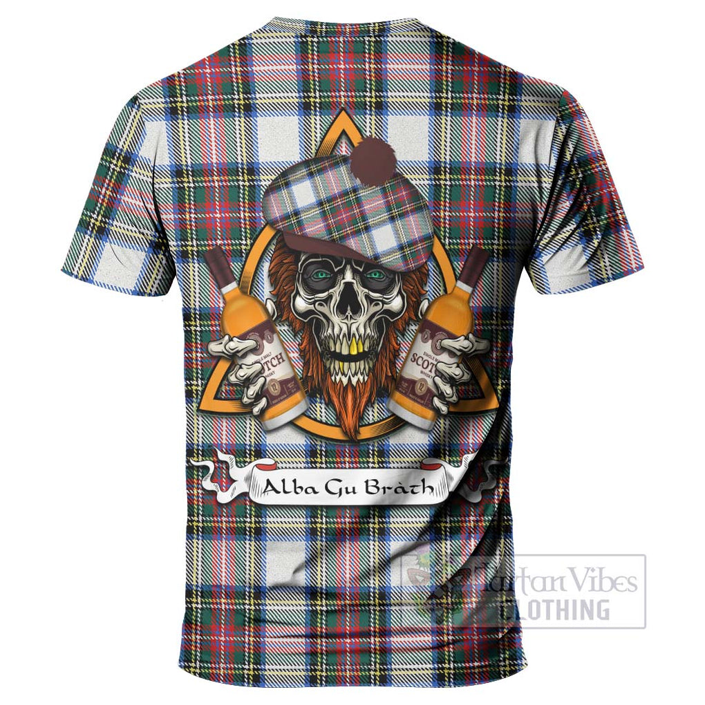 Tartan Vibes Clothing Dennistoun Tartan T-Shirt with Family Crest and Bearded Skull Holding Bottles of Whiskey