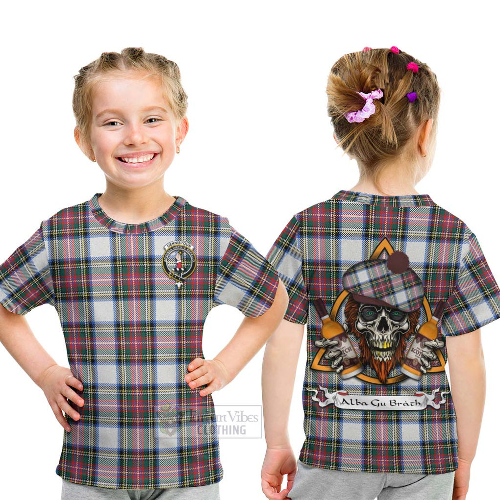 Tartan Vibes Clothing Dennistoun Tartan Kid T-Shirt with Family Crest and Bearded Skull Holding Bottles of Whiskey