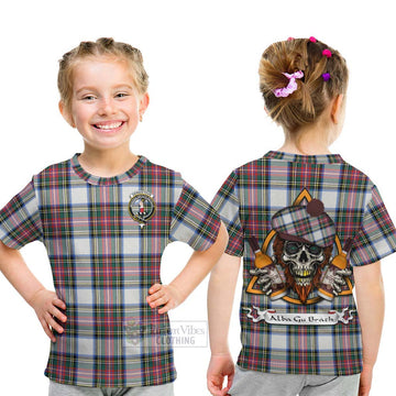 Dennistoun Tartan Kid T-Shirt with Family Crest and Bearded Skull Holding Bottles of Whiskey