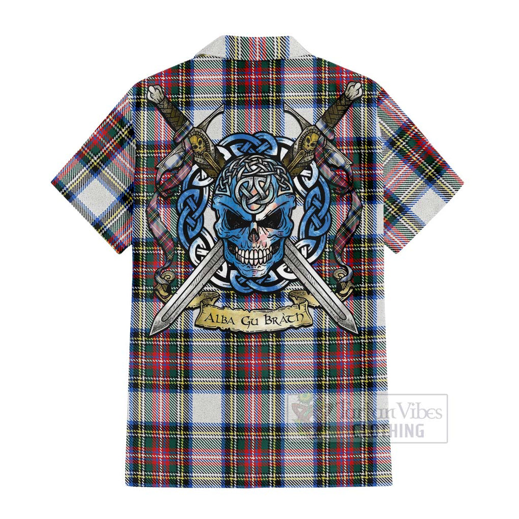 Tartan Vibes Clothing Dennistoun Tartan Short Sleeve Button Shirt with Family Crest Celtic Skull Style