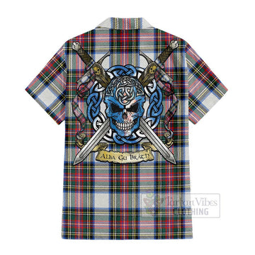 Dennistoun Tartan Short Sleeve Button Shirt with Family Crest Celtic Skull Style