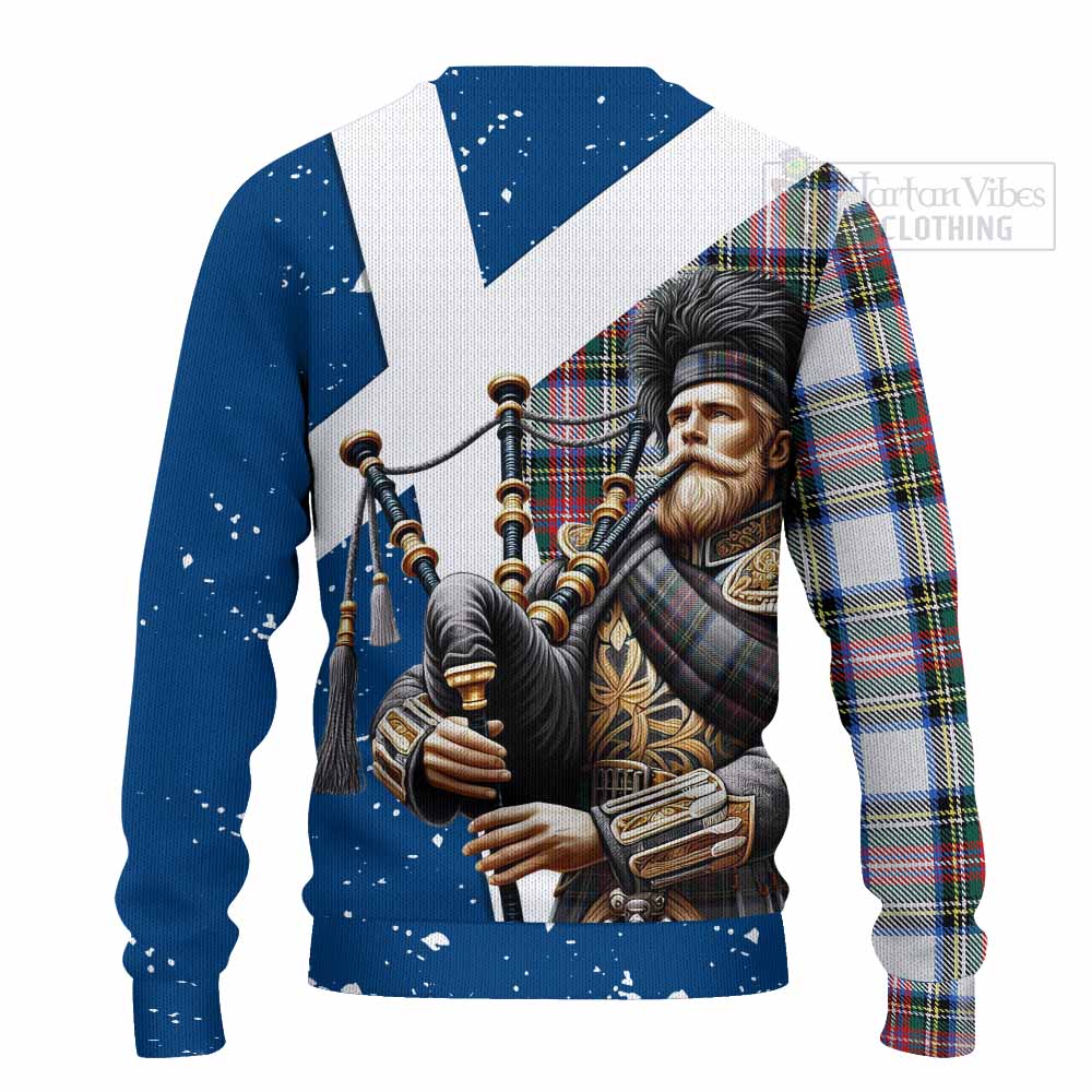 Tartan Vibes Clothing Dennistoun Tartan Knitted Sweater with Family Crest Scottish Bagpiper Vibes