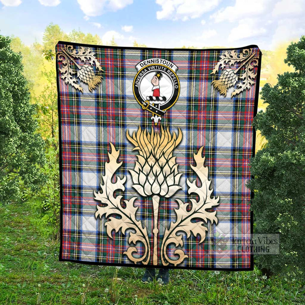 Tartan Vibes Clothing Dennistoun Tartan Quilt with Family Crest and Golden Thistle Style