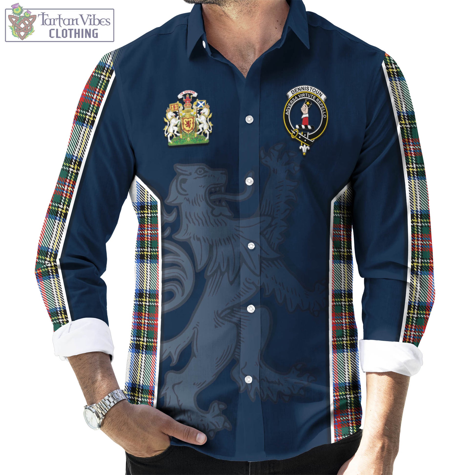 Tartan Vibes Clothing Dennistoun Tartan Long Sleeve Button Up Shirt with Family Crest and Lion Rampant Vibes Sport Style